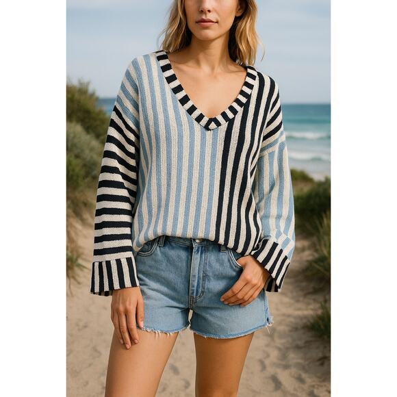 Free People Beach BRB Pullover Mixed Stripe Coastal Boho Size M - Picture 1 of 6